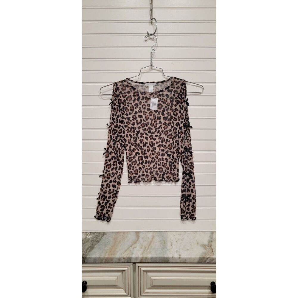 Full Tilt Womens Long Sleeve Leopard Bow Top Size XS NWT
